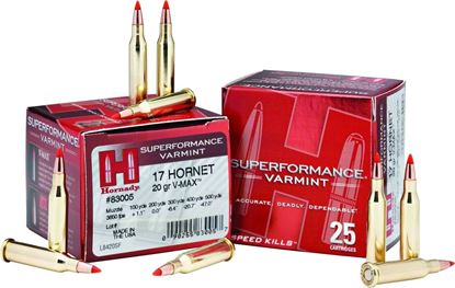 Picture of Hornady 83005 Superformance Varmint Rifle Ammo 17 HORNET, V-MAX, 20 Grains, 3650 fps, 25, Boxed