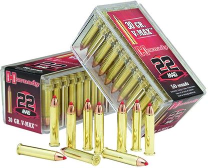 Picture of Hornady 83202 Rimfire Varmint Express Ammo 22 WMR, V-Max, 30 Grains, 2200 fps, 50 Rounds, Boxed