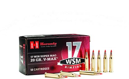 Picture of Hornady 83180 Rimfire Varmint Express Ammo 17 WSM, V-Max, 20 Grains, 3000 fps, 50 Rounds, Boxed