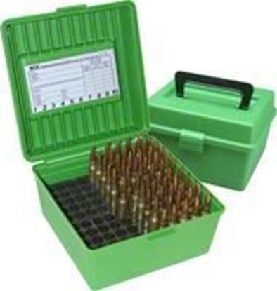 Picture of MTM R-100-10 Deluxe Ammo Box 100 Round Handle 22-250 to 458 Win, Green