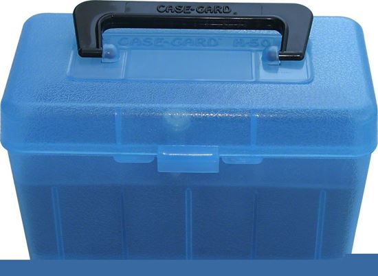 Picture of MTM H50-RM-24 Deluxe Ammo Box 50-Round, w/Handle, 22-250 243 308, Clear Blue