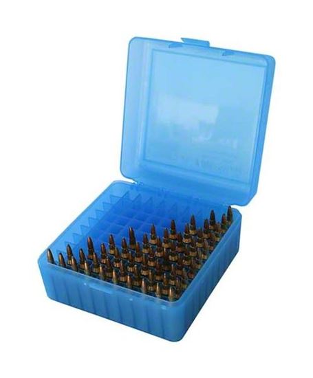 Picture of MTM RM-100-24 Case-Gard Ammo Box 100 Round Flip-Top 22-250 243 308 Win 220 Swift, Clear-Blue