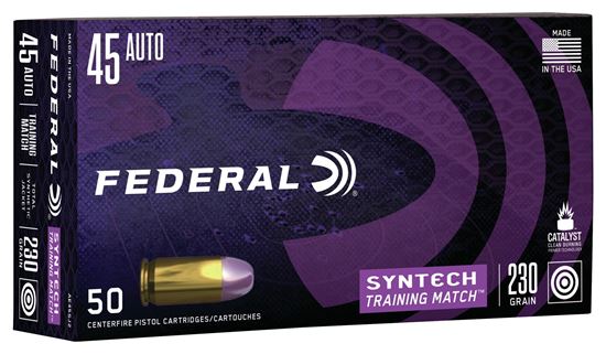 Picture of Federal AE45SJ2 American Eagle Syntech Training Match, 45 Auto, 230 Grain, Total Synthetic Jacket, Training Match, 50 Rounds Per Box