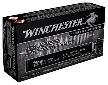 Picture of Winchester SUP9 Super Supressed Pistol Ammo 9MM, FMJE, 147 Gr, 990 fps, 50 Rd