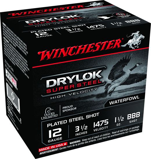 Picture of Winchester SSH12LHBBB Drylok Super Steel Shotshell 12 GA, 3-1/2 in, No. BBB, 1-1/2oz, 1475 fps, 25 Rnd per Box