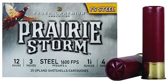 Picture of Federal PFS143FS4 Prairie Storm - FS Steel Shotshell 12 GA, 3 in, No. 4, 1-1/8oz, 4.79 Dr, 1600 fps, 25 Rnd per Box