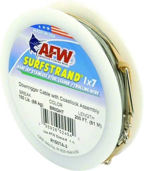 Picture of AFW R250TA-3 Surfstrand Downrigger Wire, 1x7 Stainless, Comp. Assembly, 250lb (114kg) test, .039 in (0.99mm) dia, Bright, 200ft (61m)
