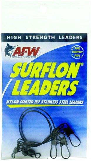 Picture of AFW E020BL09/3 Surflon Leaders, Nylon Coated 1x7 Stainless, Sleeve, Swivel, LockSnap, 20 lb (9 kg) test, Black, 9 in (22.9 cm) 3 pc