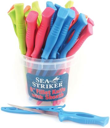 Picture of Sea Striker SSPFK6-24 6" Fillet knife w/ Sheath 24 pc Bucket Display, Assorted Colors
