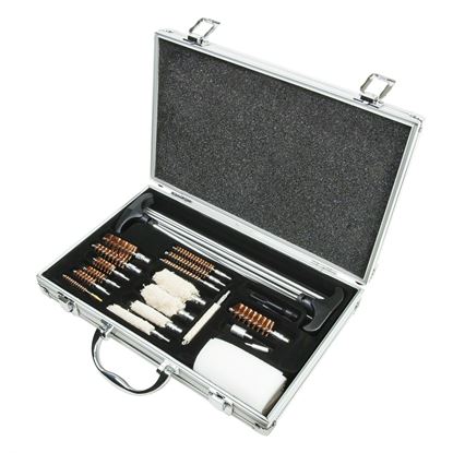 Picture of NcSTAR TUGCKA Universal gun cleaning kit with/aluminum carry case. Multiple caliber bore brushes for majority caliber rifles.