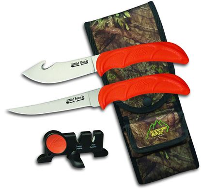 Picture of Outdoor Edge WB-4C Wild-Bone 4" Skinner and 5" Boning Fixed Blade Knives, Orange TPR Handles, Mossy Oak Nylon Sheath, Clam