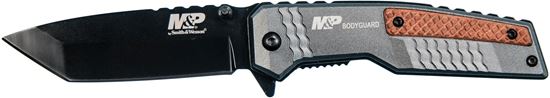 Picture of Smith & Wesson MPBG52 M&P Bodyguard Clip Folder, 8Cr13MoV Tanto Serr SS 3.5 Blade, Alum & Wood Handle, Liner Lock, Thumbstud, Finger Flipper