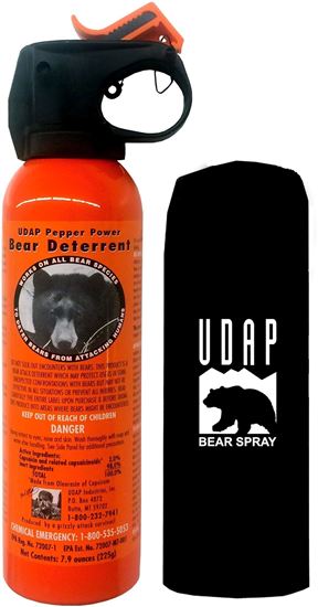 Picture of UDAP 12VHP Safety Orange Bear Spray, 2% CRC, 7.9oz 225gr w/Hip Holster Clampack
