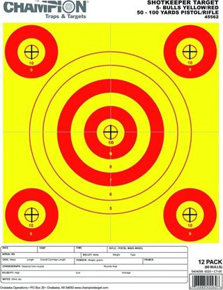 Picture of Champion 45562 Shotkeeper 5 Small Bullseye Target, Yellow/Red Bull, 8.5"x11", 12pk