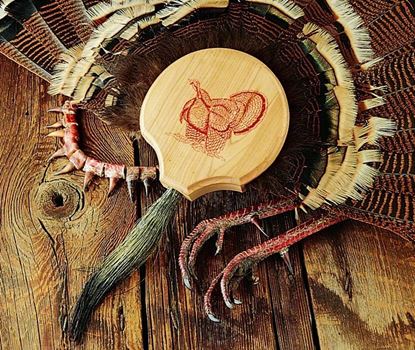 Picture of Quaker Boy 80102 Turkey Fan Mount, Lasered "Gobblin Boss", Solid Cherry Wood, Includes Hardware
