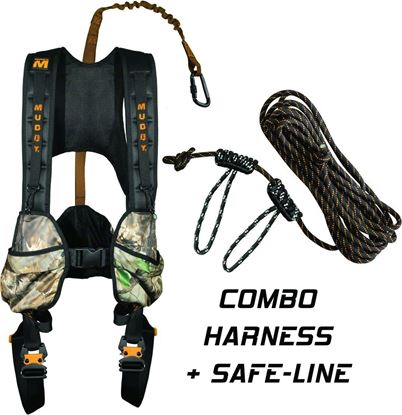 Picture of Muddy MSH600-L-C CrossOver Combo Treestand Safety Harness, Flexible Tether, 6 Pockets, Binoc Straps, Extra Cushion, Large
